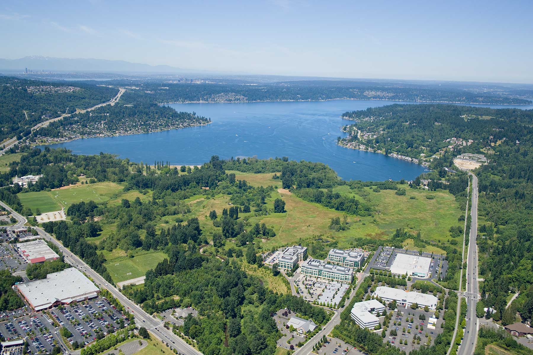 aerial view of sammamish parkplace & lake