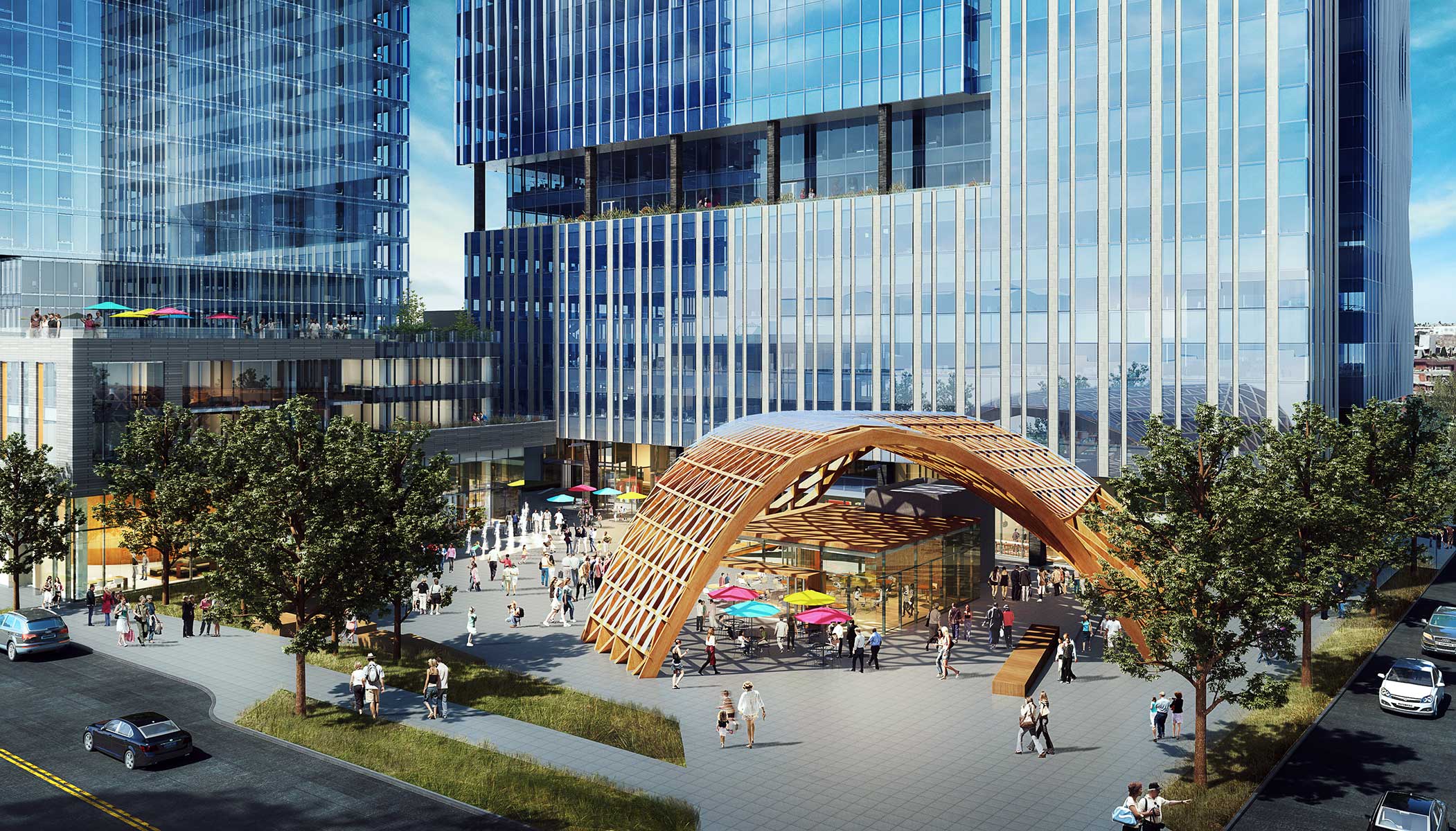 rendering of plaza & nest structure at 111 Westlake