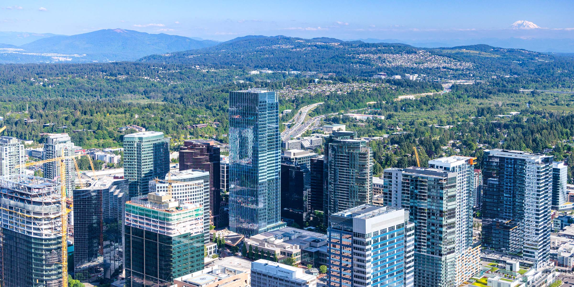 Aerial view of 555 Tower and Mt Rainier