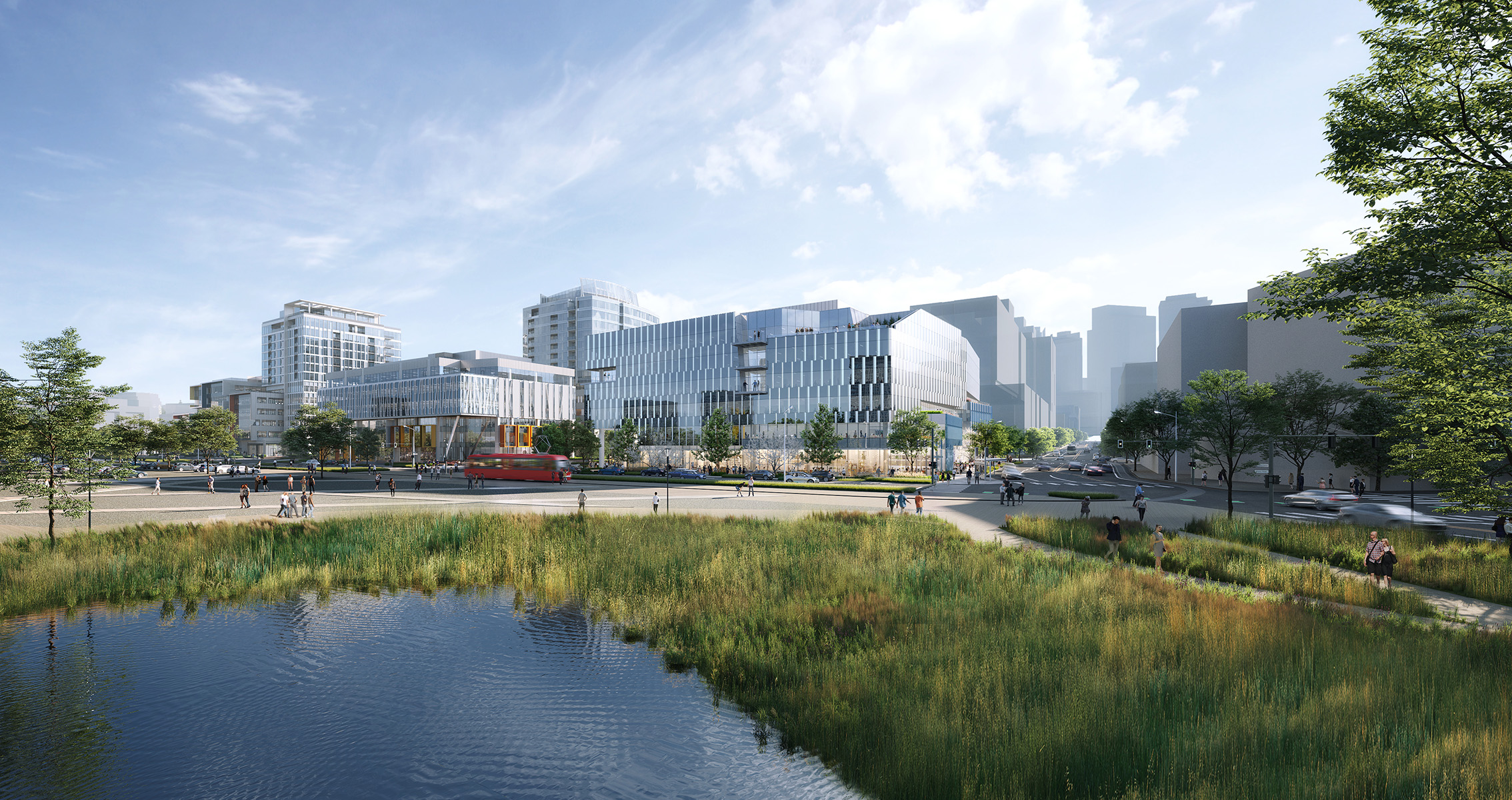 building rendering with lake in foreground