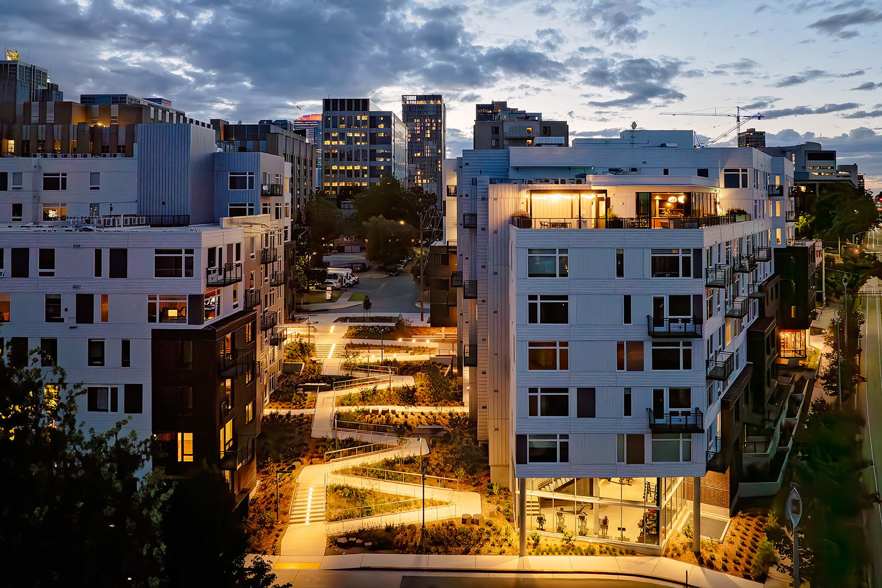 Cascara pathway lit at dusk