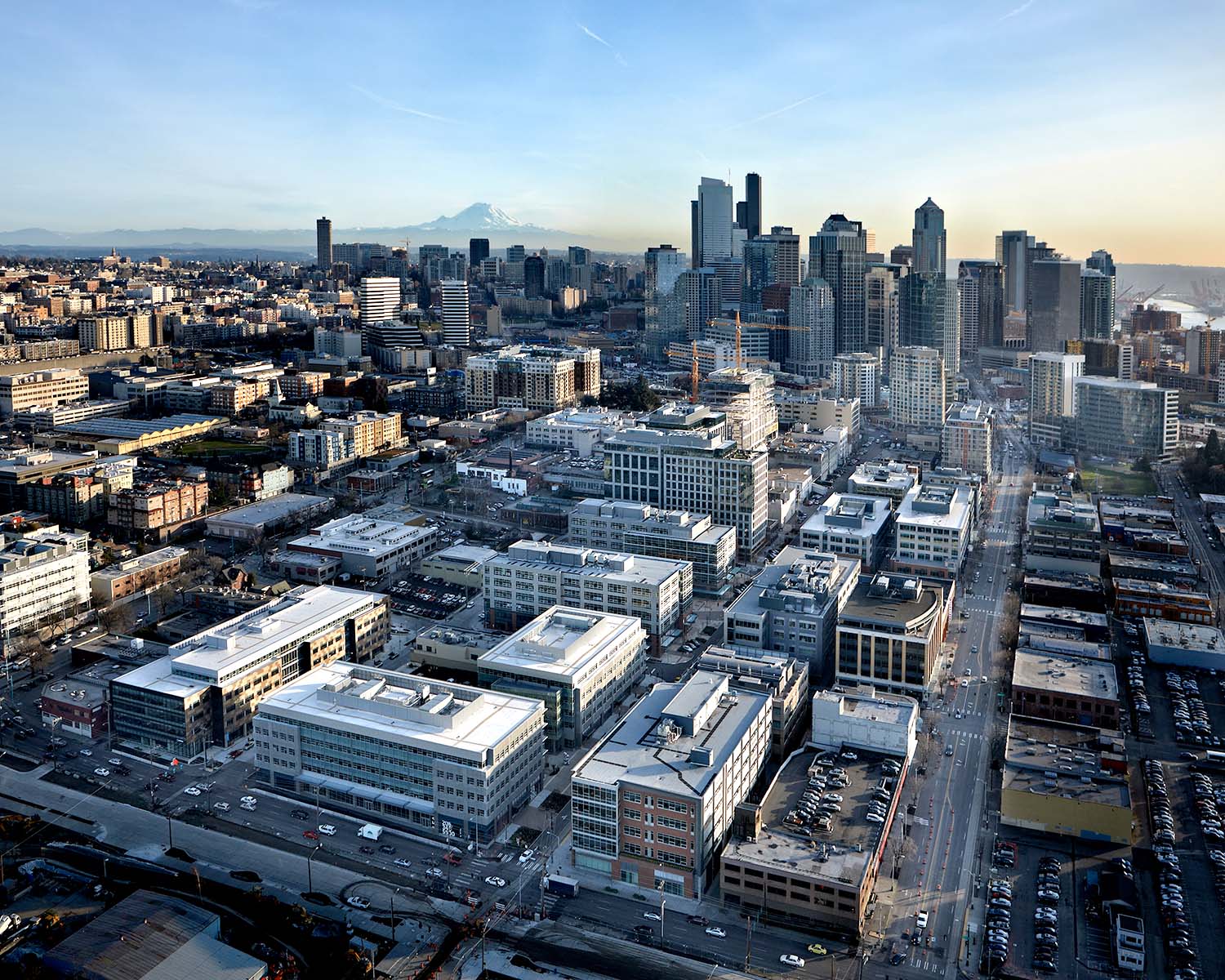 Aerial view of Amazon campus in 2012 with downtown Seattle in background
