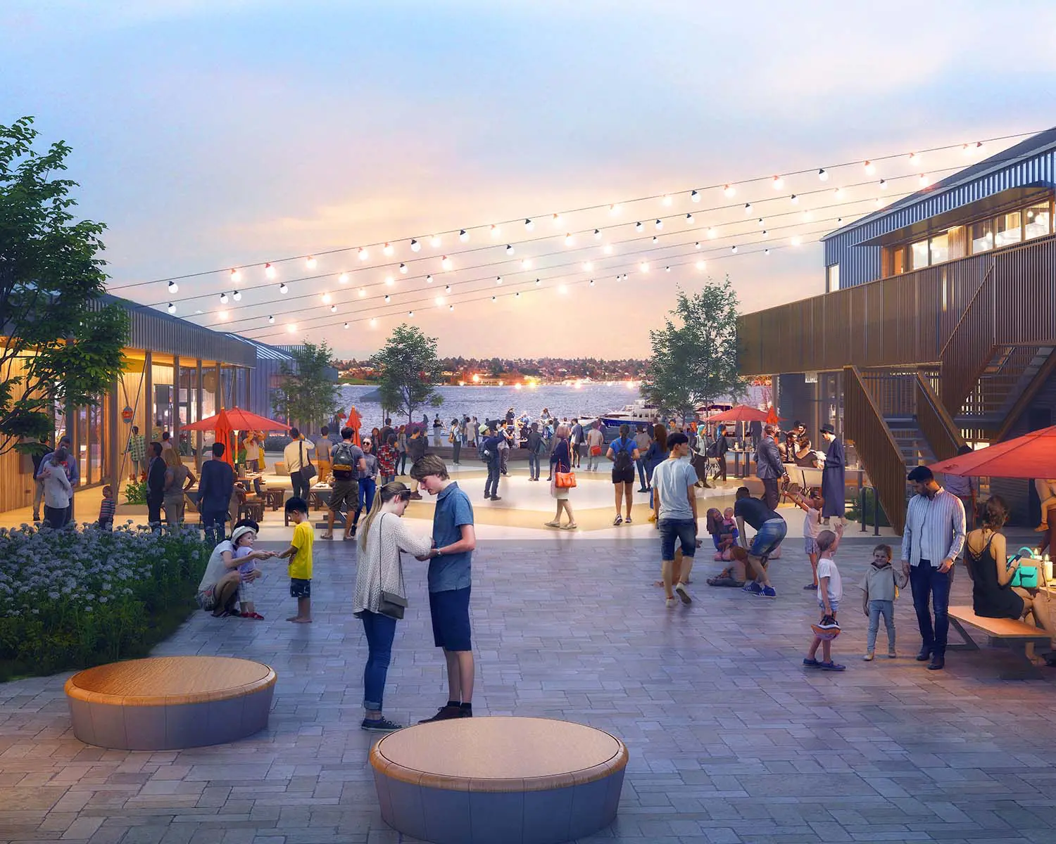 Rendering of Lake Union Piers plaza at dusk