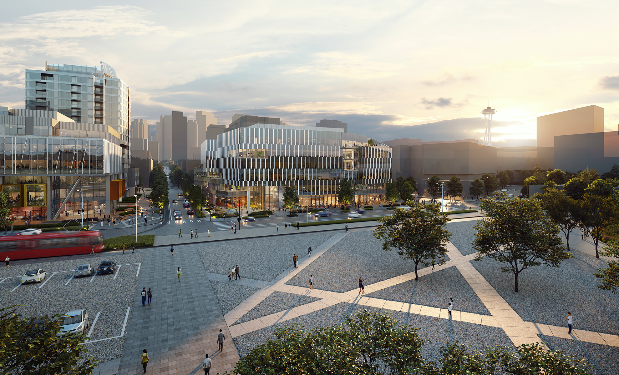 building rendering at dusk with space needle