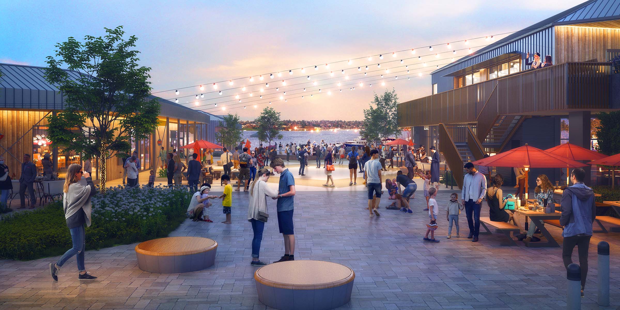 Rendering of Lake Union Piers plaza at dusk