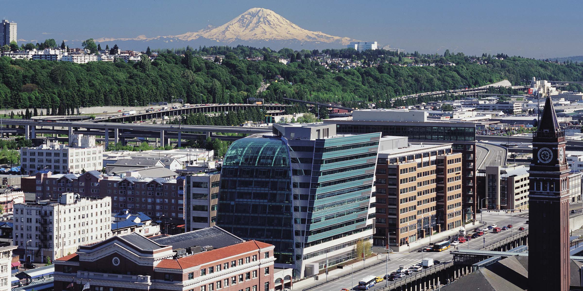 aerial view of 505 union station with mt rainier