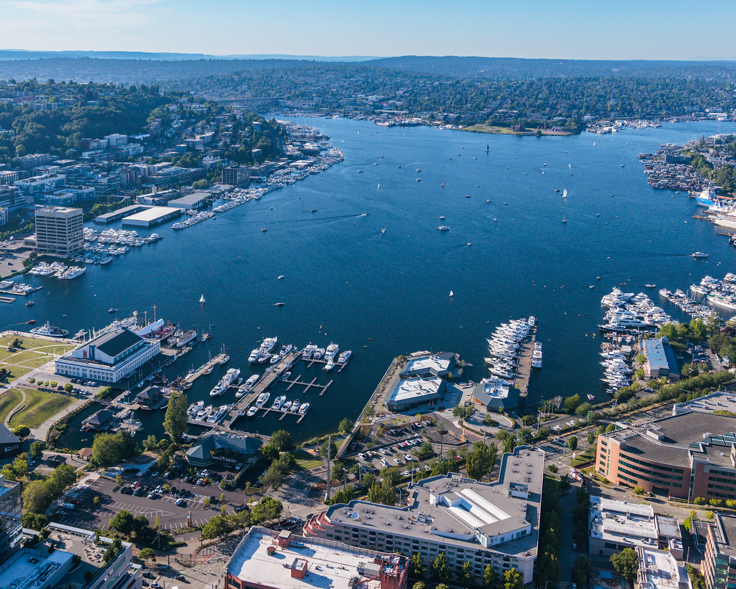 aerial view of lake union piers and the lake