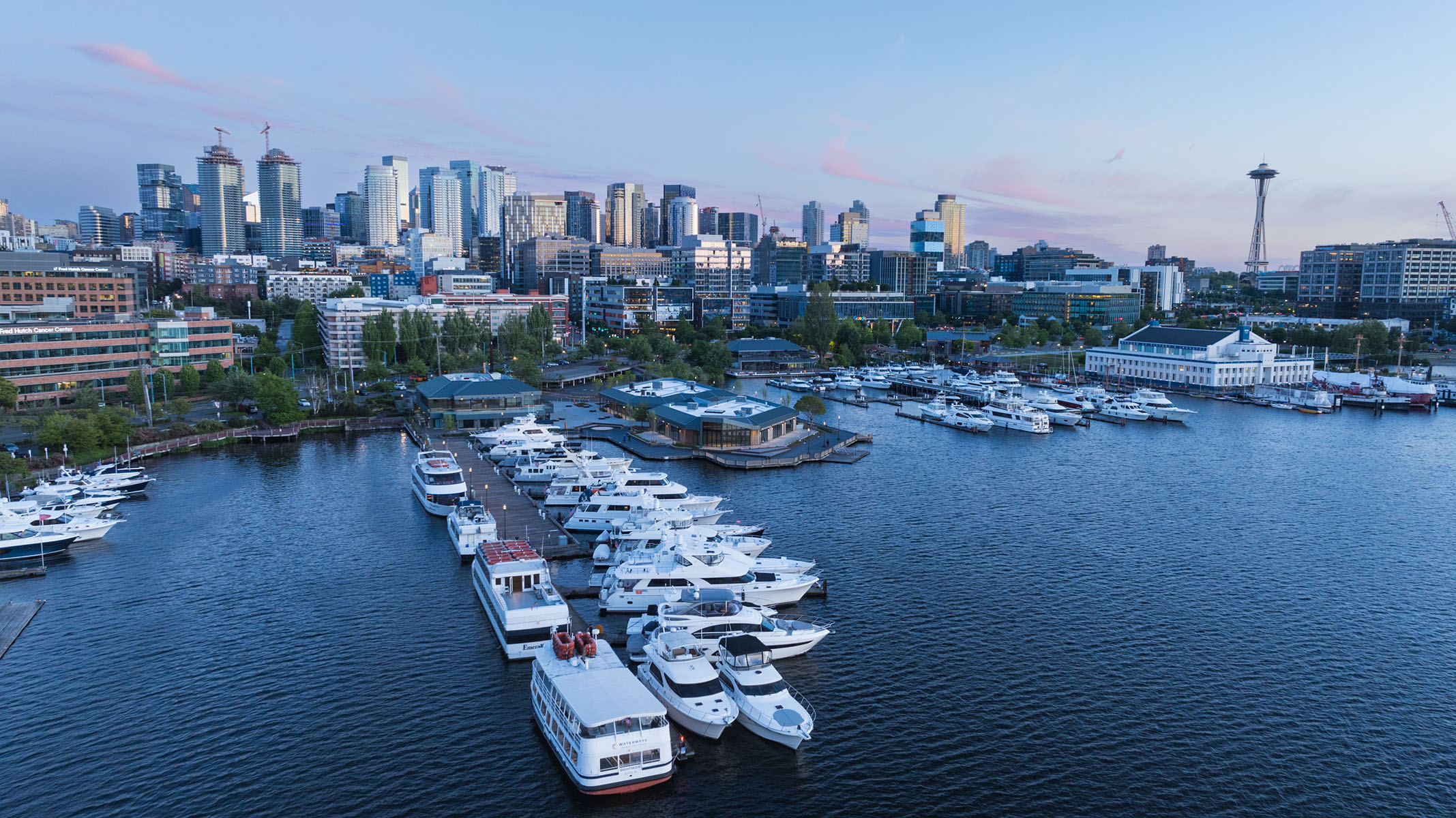Aerial view of lake union piers looking SW