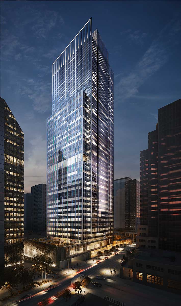 rendering of 555 tower at dusk