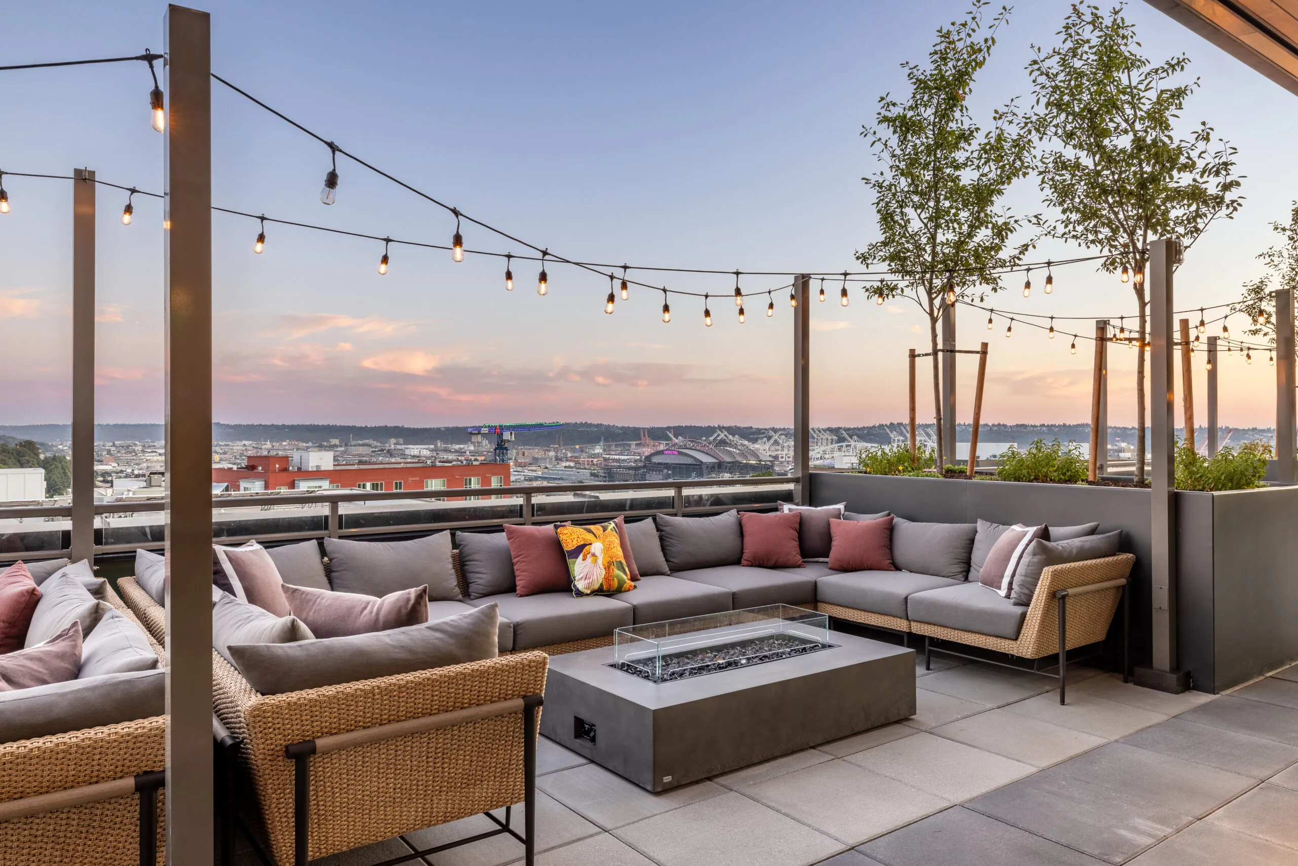 rooftop deck at dusk