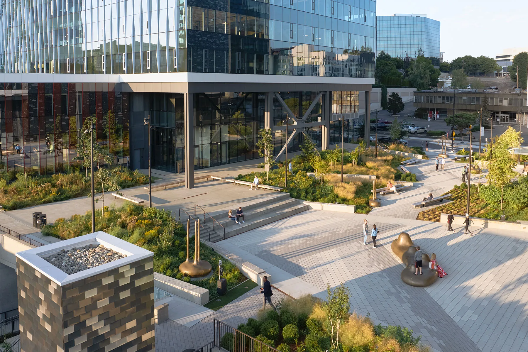 West Main plaza with people & public art